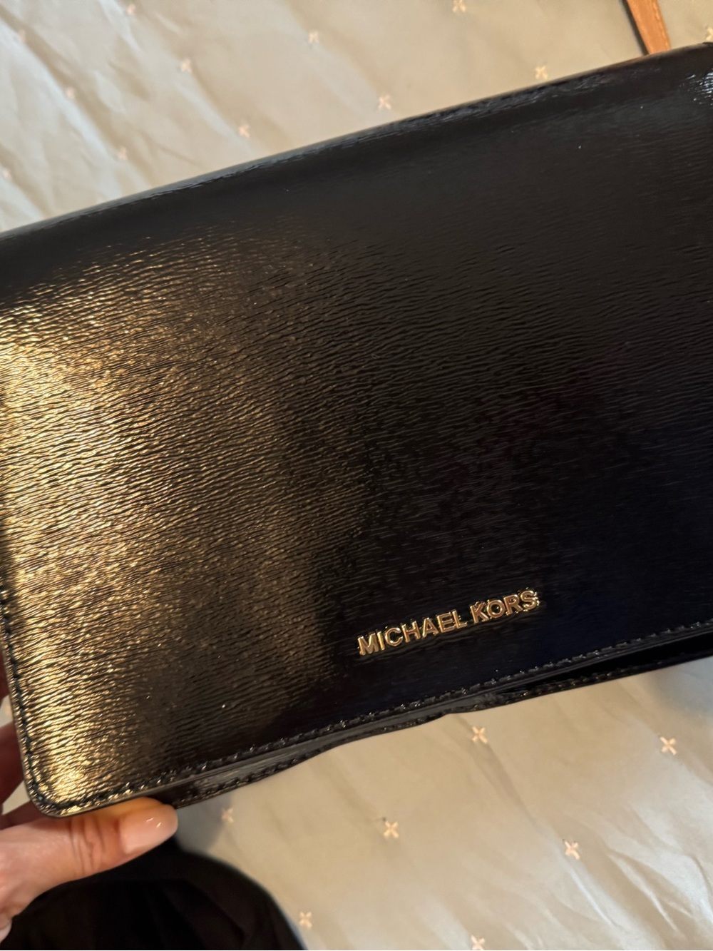Micheal Kors-Black Patent Clutch with Gold Hardware.
